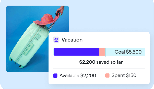 Custom savings goals, built right in which displays a travel baggage and vacation planner graph.