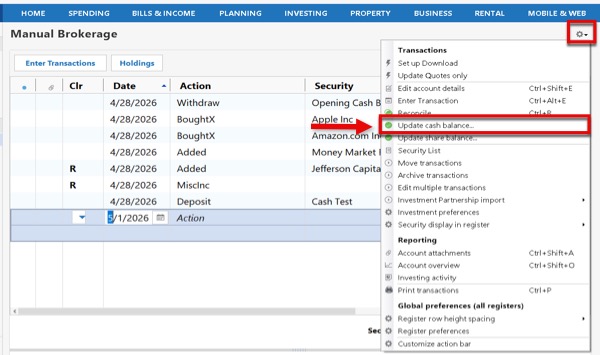 Update Investment Cash Balance Win