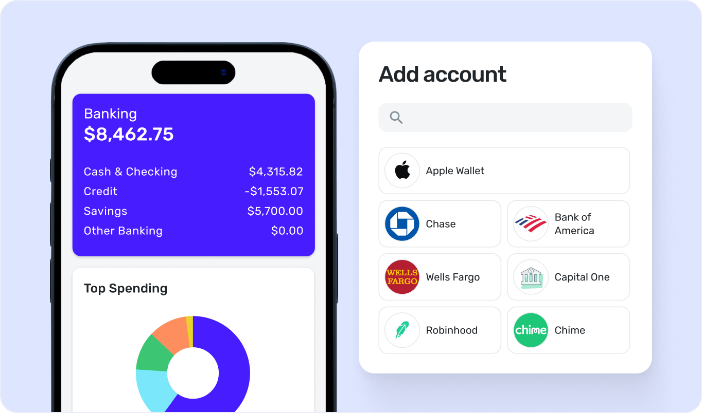 Quicken Simplifi dashboard showing connected bank, credit, and savings accounts totaling $8,462.75 with Add Account menu displaying major banks and apps.