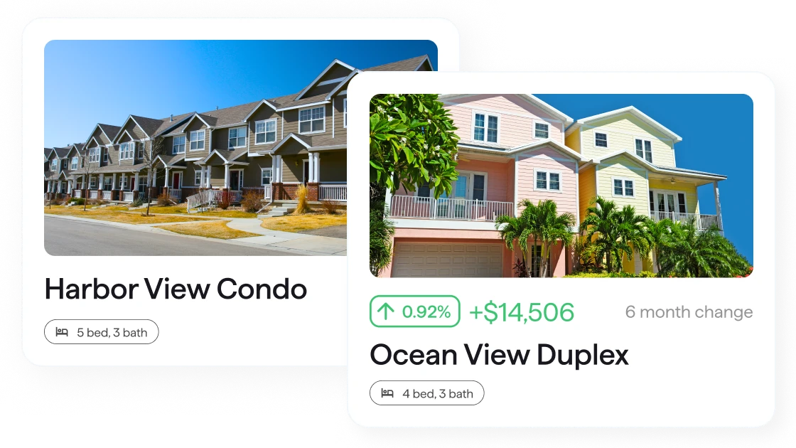 Photos of Harbor View Condo and Ocean View Duplex with Quicken performance stats, including a plus $14,506 six-month change, overlaid on each listing.