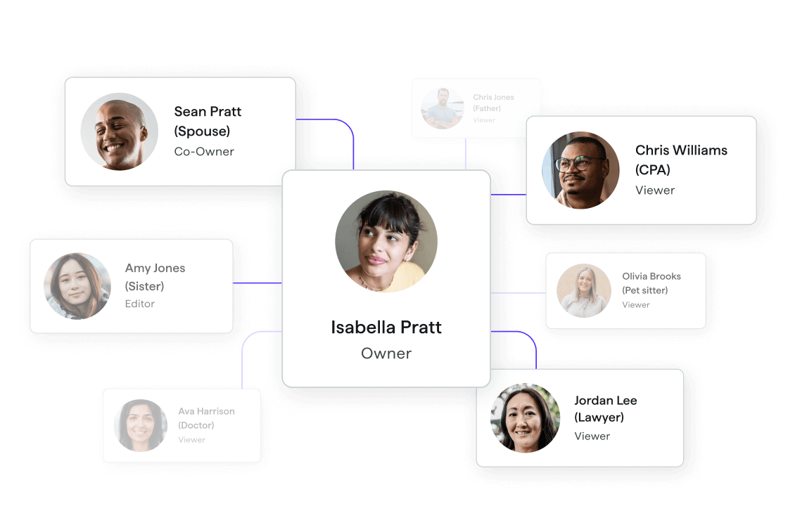 Visualizes relationship mapping with shared access and roles within a household or team.