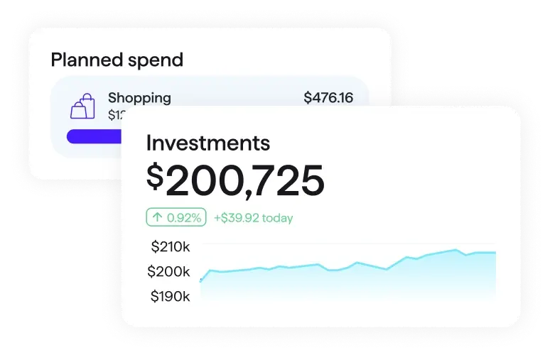 Screenshot of Quicken showing Planned Spend with Shopping at $476.16 and Investments dashboard at $200,725, up 0.92% (+$39.92 today).