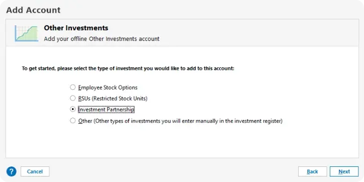 Add Account screen for an offline Other Investments account, prompting the user to select an investment type: Employee Stock Options, RSUs, Investment Partnership (selected), or Other, with Back and Next buttons.