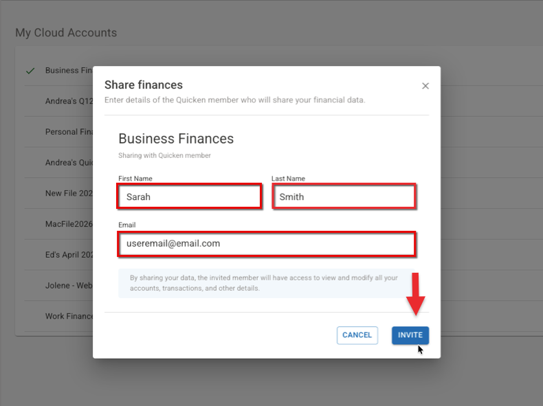 Share Finances Invite