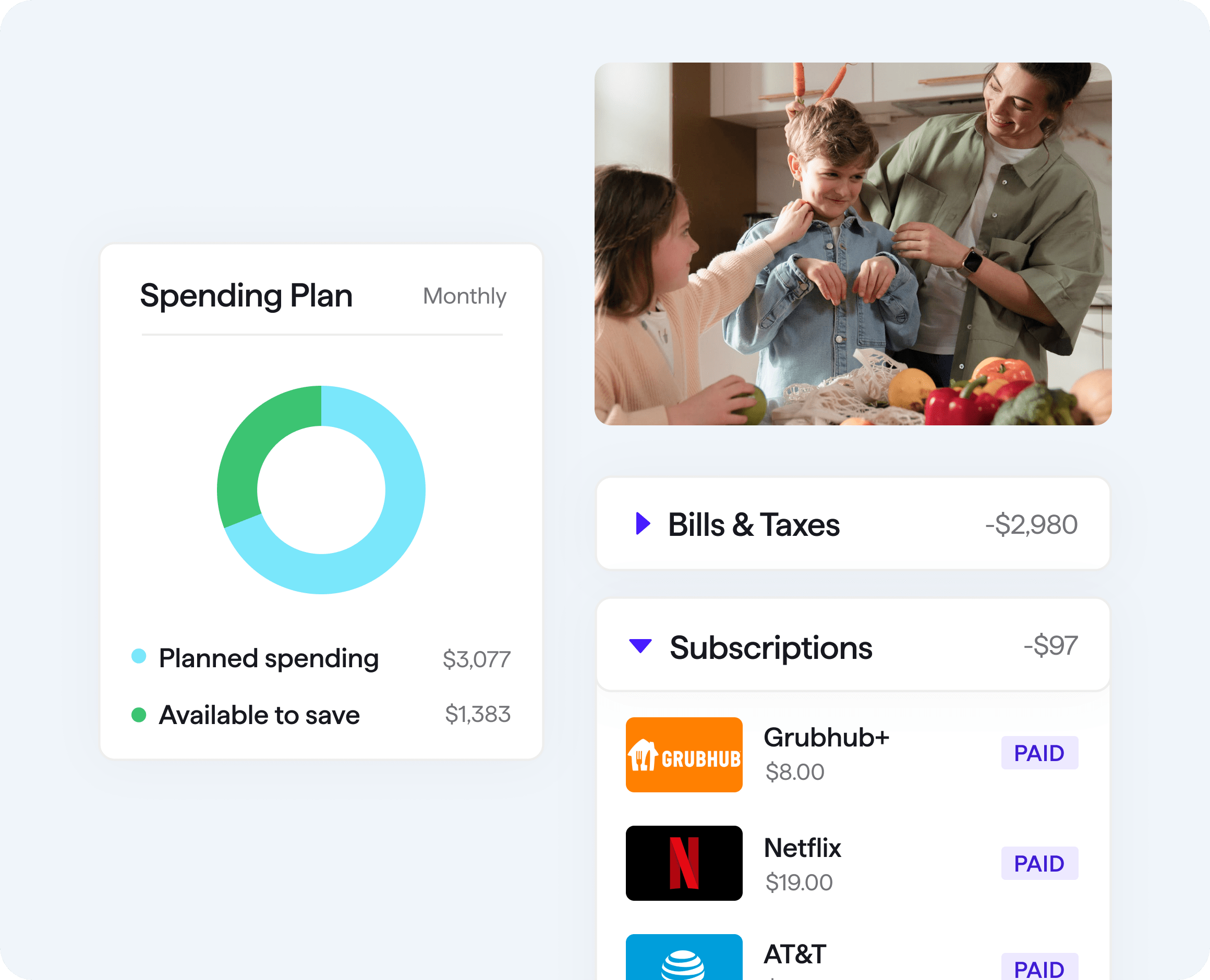 Family playing together while Quicken user interface features such as Spending plan, bills, and subscriptions show in surrounding sections