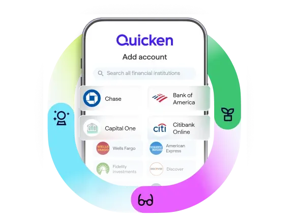 Screenshot of Quicken mobile Add Account screen displaying institution options including Chase, Bank of America, Capital One, Citibank, Wells Fargo, and American Express.