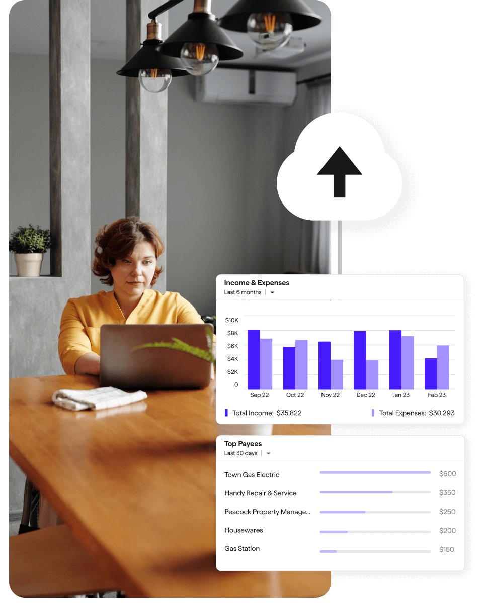 Protect your data  & peace of mind for Quicken Online Backup while displaying a women with laptop.