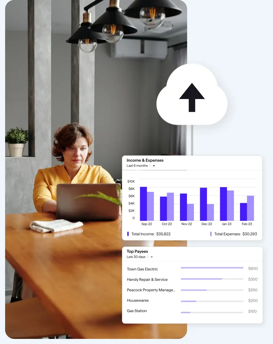 Photo of a woman working on a laptop at a wooden table, overlaid with a Quicken Classic Income and Expenses bar chart showing Total Income of $35,822 and Total Expenses of $30,293 over 6 months, and a Top Payees list led by Town Gas Electric at $600.