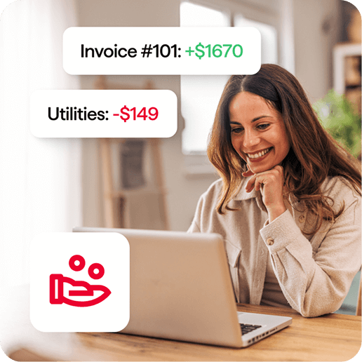 A woman smiling while working on a laptop, with overlaid financial callouts showing “Invoice #101: +$1670” and “Utilities: –$149.” A red icon of a hand receiving coins appears in the lower left.
