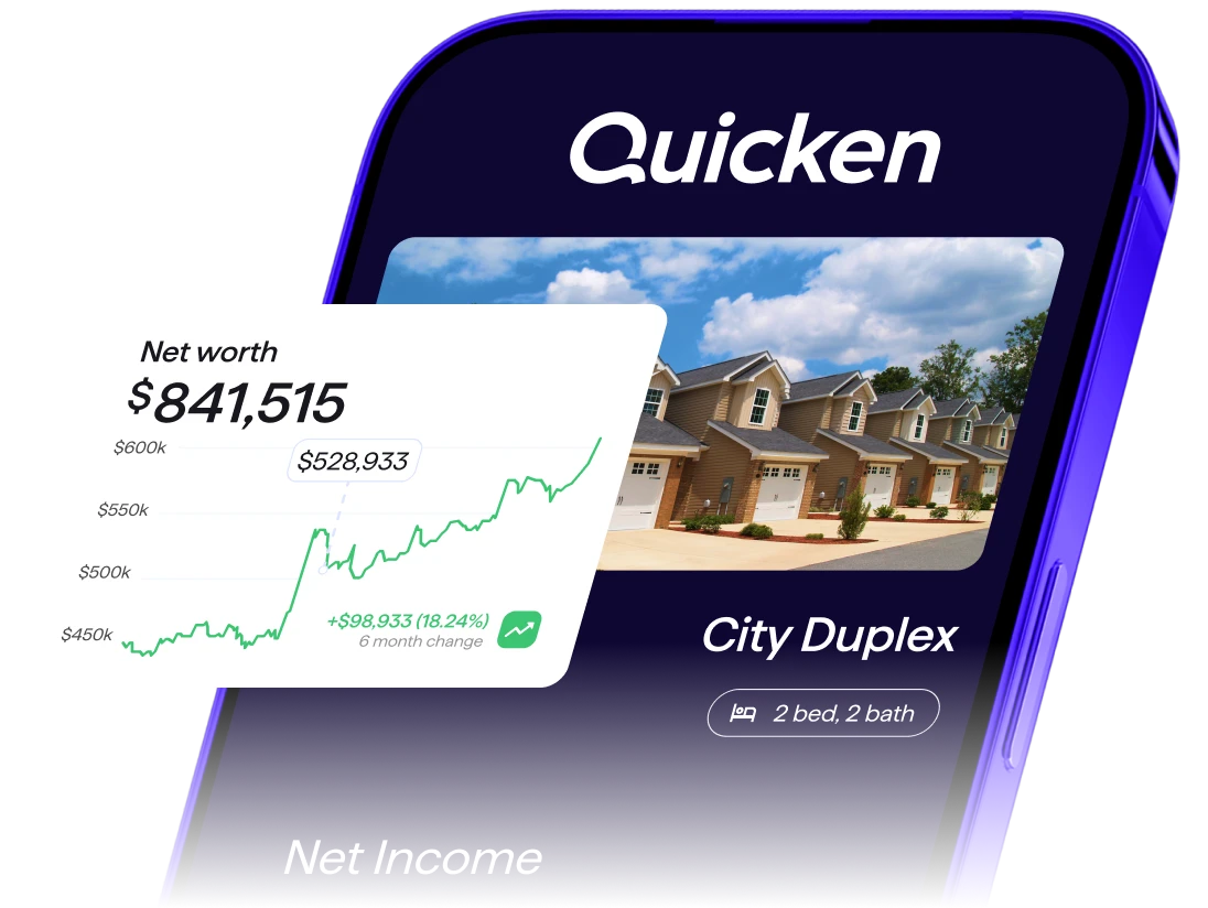 Screenshot of Quicken on a smartphone overlaid on a photo of a City Duplex rental property, showing a Net worth chart of $841,515.