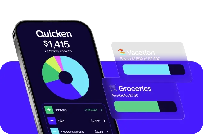 Quicken app screen showing a a balance of $1,415, alongside a donut chart labeled “Left this month”, with a module displaying Income increasing +$4,000 and category budgets showing $445 available for dining out and $325 available for groceries.