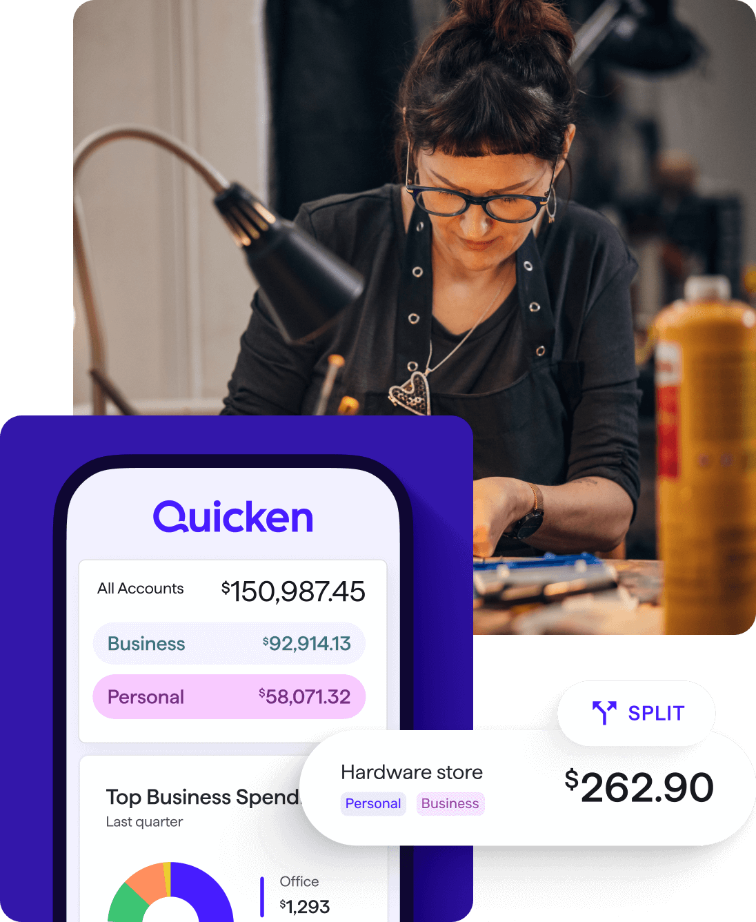 A woman wearing glasses works at a table in a workshop. In front of her, an overlaid Quicken mobile app screen shows account balances and a spending split for a $262.90 hardware store purchase.