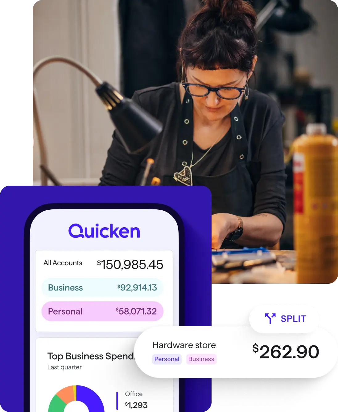 A woman wearing glasses works at a table in a workshop. In front of her, an overlaid Quicken mobile app screen shows account balances and a spending split for a $262.90 hardware store purchase.