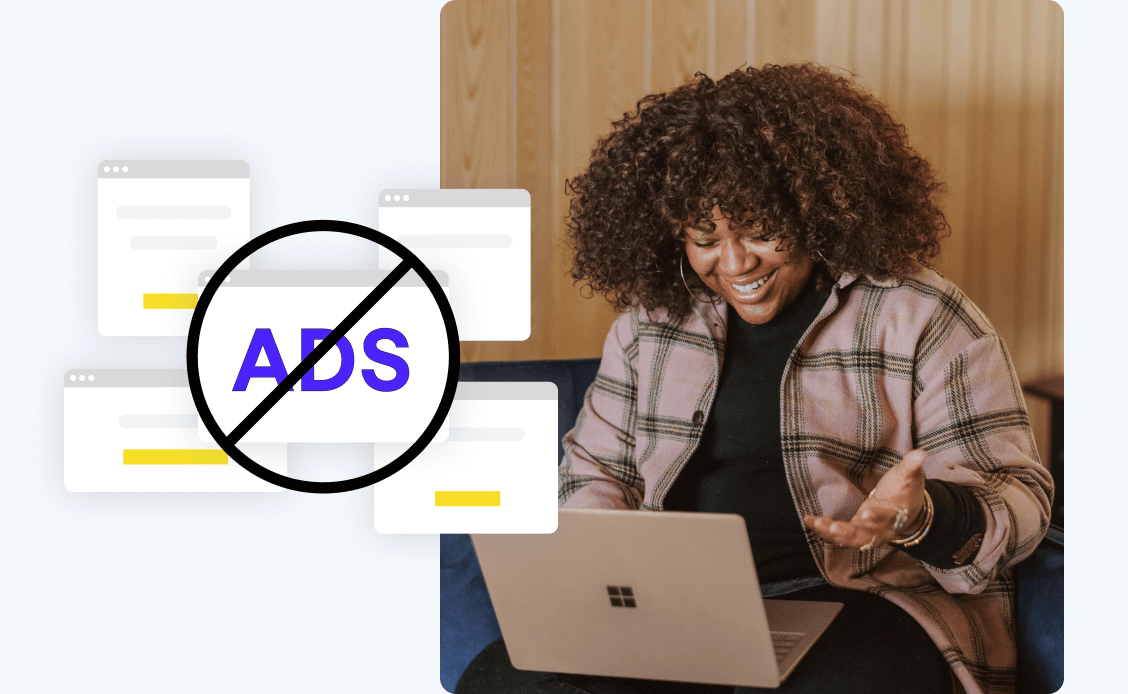 Happy woman using laptop with the word "ads" crossed-out over flat vector browser windows graphics overlayed to the left