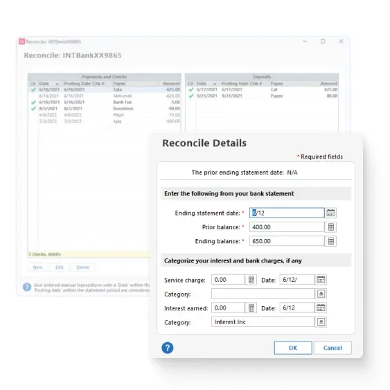 Screenshot of Quicken Classic Reconcile Details dialog over a bank account transaction list, with fields for Ending statement date of 6/12, Prior balance of $400.00, and Ending balance of $650.00.