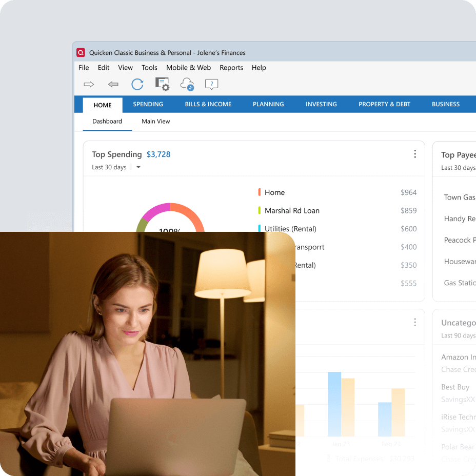 Woman using Quicken spending user interface on a laptop.