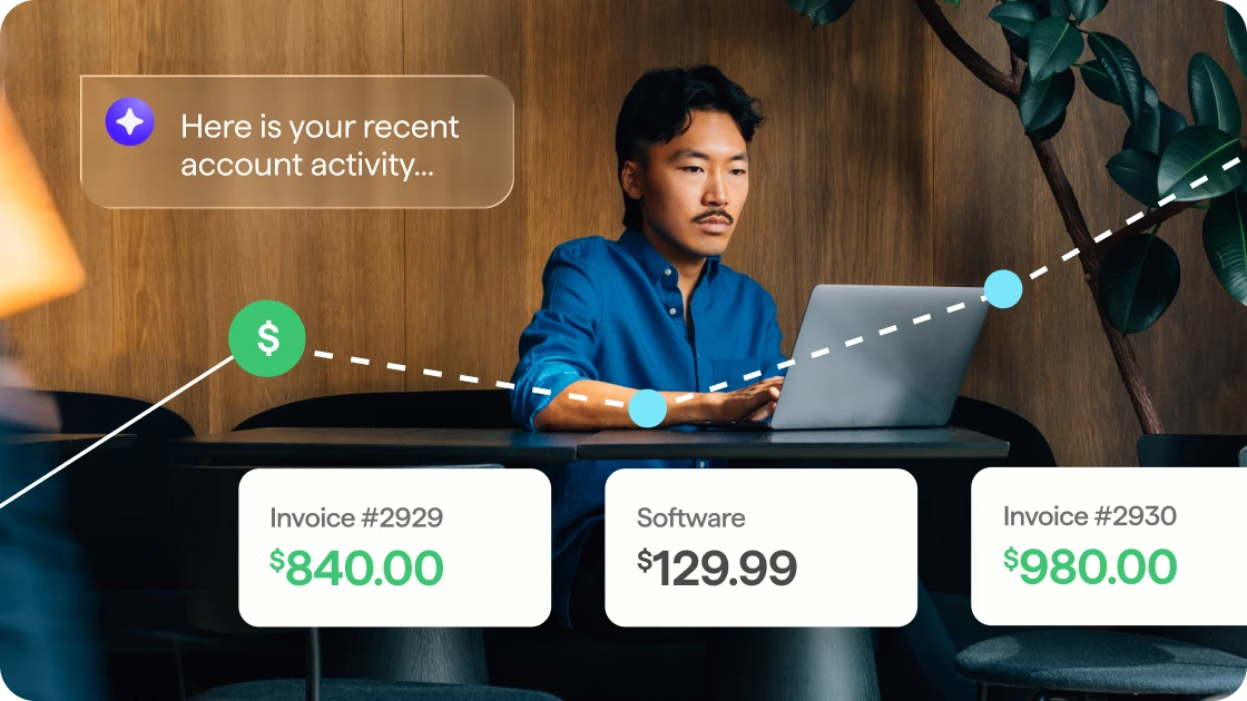 Photo of a man working on a laptop, overlaid with a Quicken Assist message about recent account activity and invoice amounts including $840 and $980.