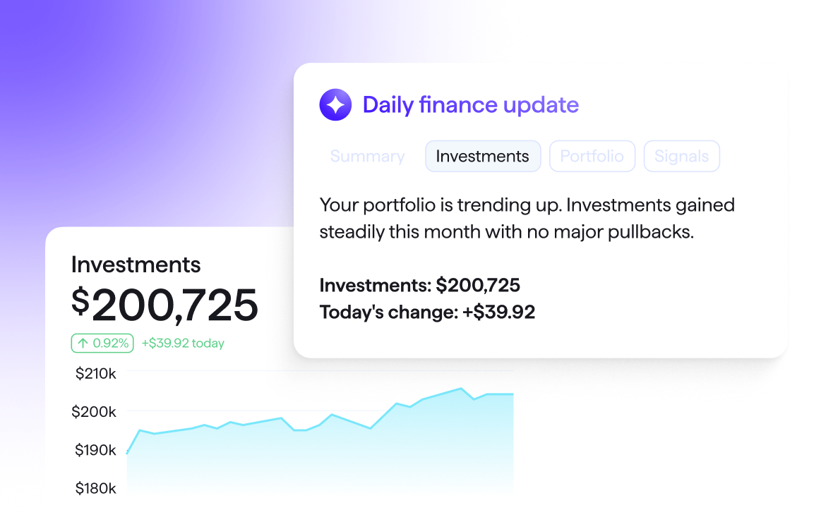 Screenshot of the Quicken app showing an Investments balance of $200,725, up 0.92% with a daily change of $39.92, and a rising balance chart. A Daily finance update panel reads: portfolio trending up, investments gained steadily this month with no major pullbacks.