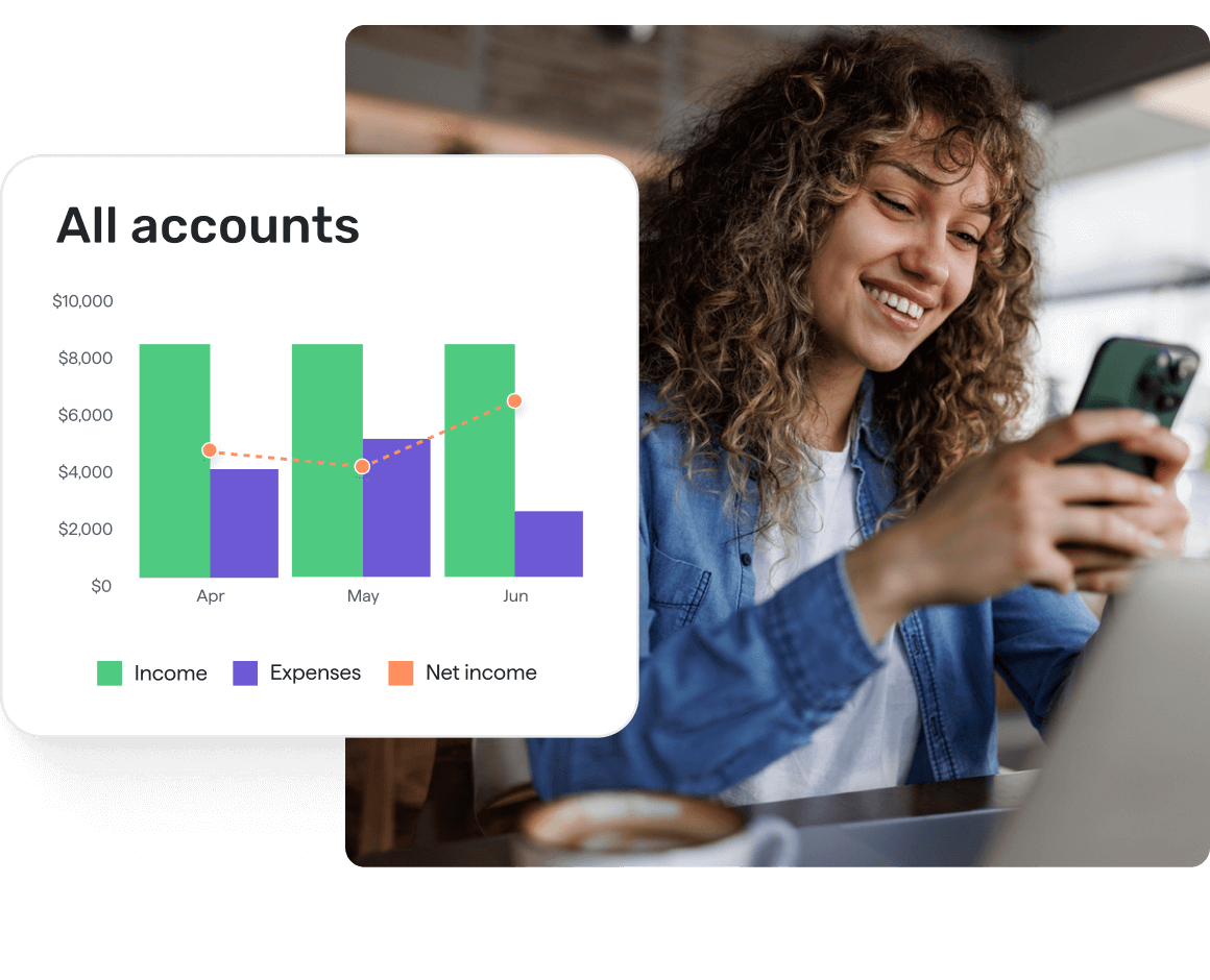 Woman looking at smartphone displaying Quicken's all accounts view with stacked bar chart comparing monthly income, expenses, and net income across three months.