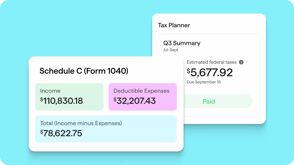 Screenshot of Schedule C Form 1040 showing Income $110,830.18, Deductible Expenses $32,207.43, and Total $78,622.75, alongside Tax Planner Q3 Summary displaying Estimated federal taxes $5,677.92 Due September 15 marked Paid.