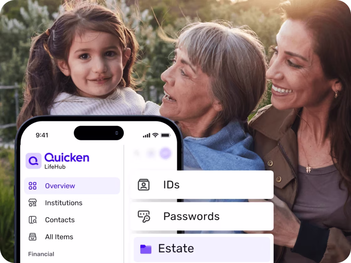 LifeHub -- Lifes essential info, in one secure place (desktop). Composite image on soft lavender background. Background photo: three generations of women outdoors -- a young girl (age 3-5) with dark pigtails; an older grandmother with silvery-white hair and blue denim jacket; and a younger mother with dark hair. All three appear warm and joyful in golden sunlight with green foliage, conveying family love across generations. Foreground overlay: smartphone showing Quicken LifeHub app -- white interface with navigation (Overview, Institutions, Contacts) and document categories: IDs, Passwords, Estate. Conveys secure family document storage.