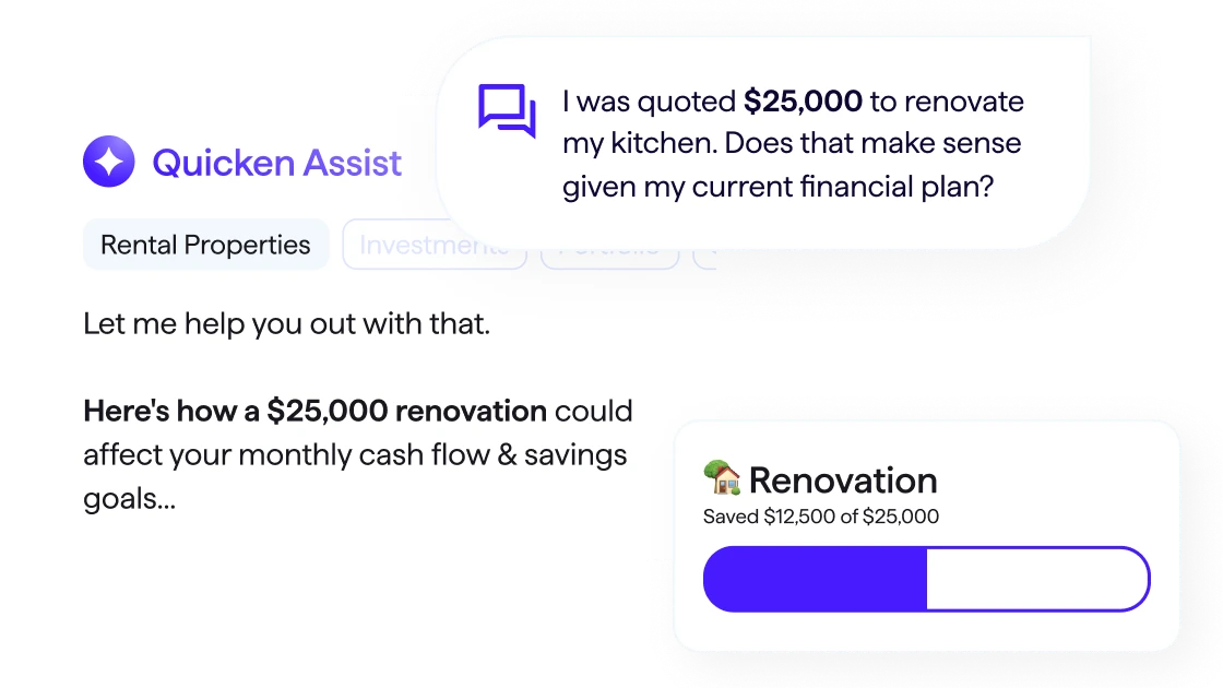 Screenshot of Quicken Assist answering a question about a $25,000 kitchen renovation, showing its projected effect on monthly cash flow and a renovation savings tracker.