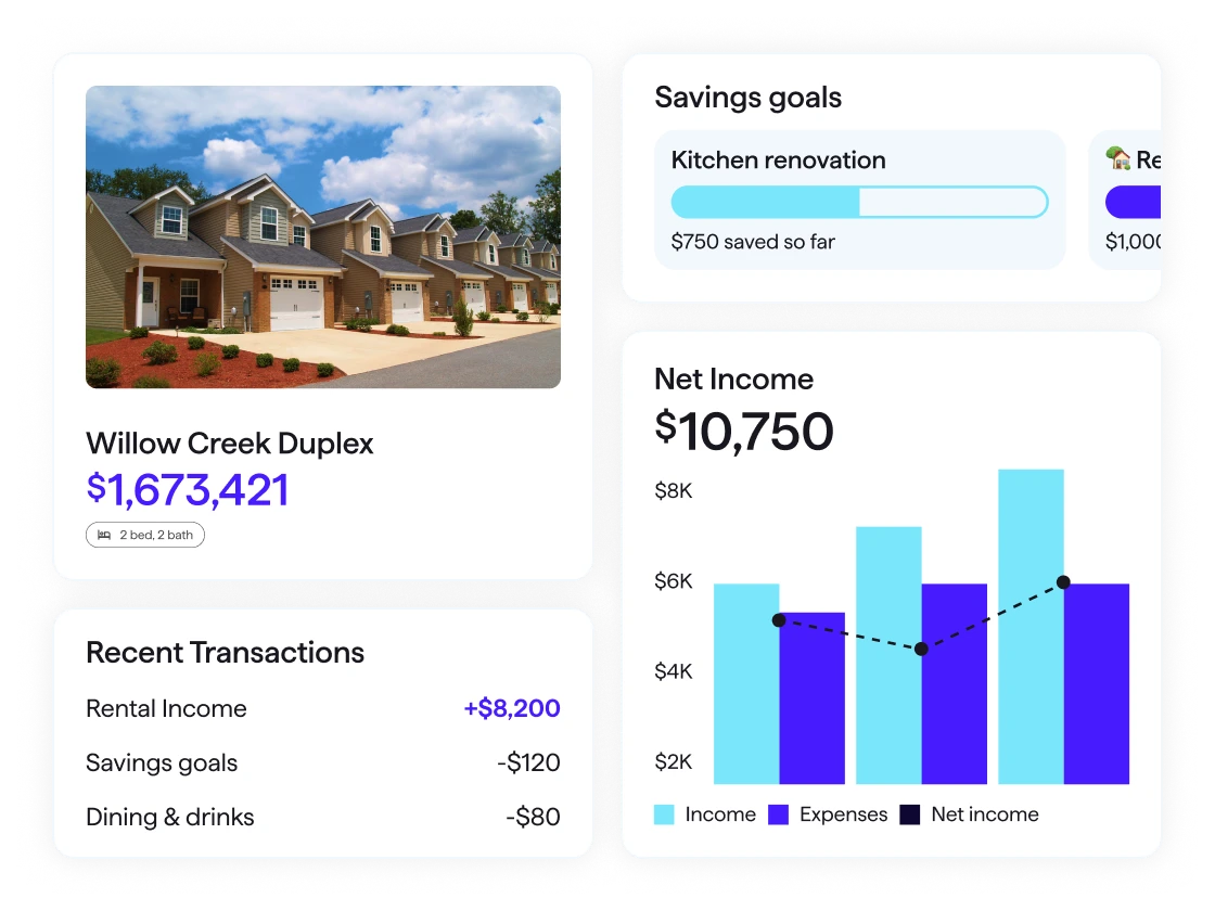 Screenshot of Quicken showing a rental property value of $1,673,421 alongside recent transactions and a net income chart.
