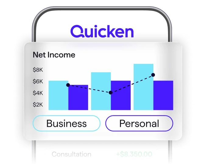 Screenshot of Quicken Net Income bar chart comparing Business and Personal income by month.