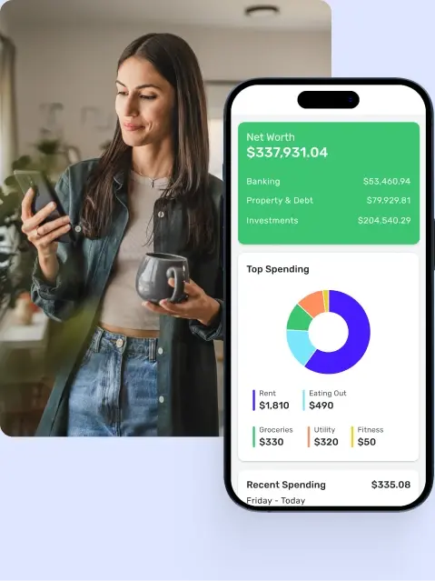 Photo of a woman holding a mug and looking at a phone, next to a Quicken Simplifi mobile screenshot showing Net Worth of $337,931.04 broken down by Banking, Property and Debt, and Investments, a Top Spending donut chart with categories including Rent at $1,810 and Eating Out at $490, and Recent Spending of $335.08.