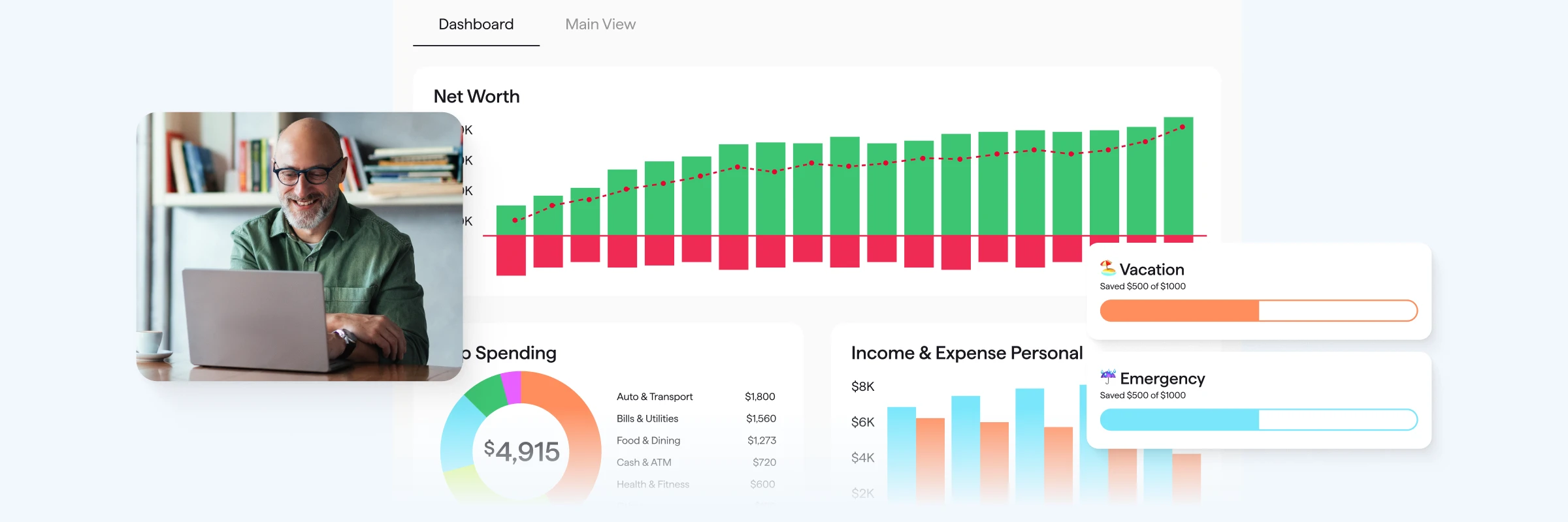 Composite of a person using a laptop overlaid with Quicken Classic Dashboard showing a growing Net Worth chart and Vacation and Emergency savings goal progress bars.