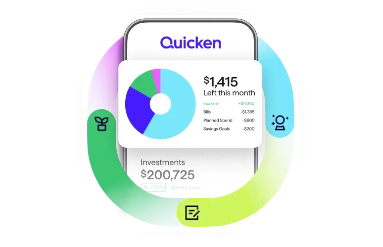 Screenshot of Quicken mobile app showing $1,415 left this month with a donut chart and Investments of $200,725 below.