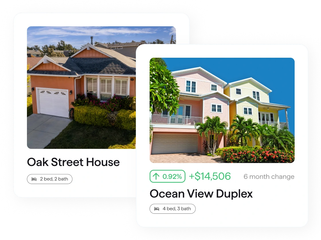 Photos of Oak Street House and Ocean View Duplex with Quicken performance stats, including a plus $14,506 six-month change, overlaid on each listing.