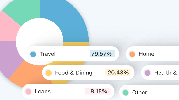 A colorful donut chart showing spending categories with labels: Travel (79.57%), Food & Dining (20.43%), Loans (8.15%), Home, Health, and Other.