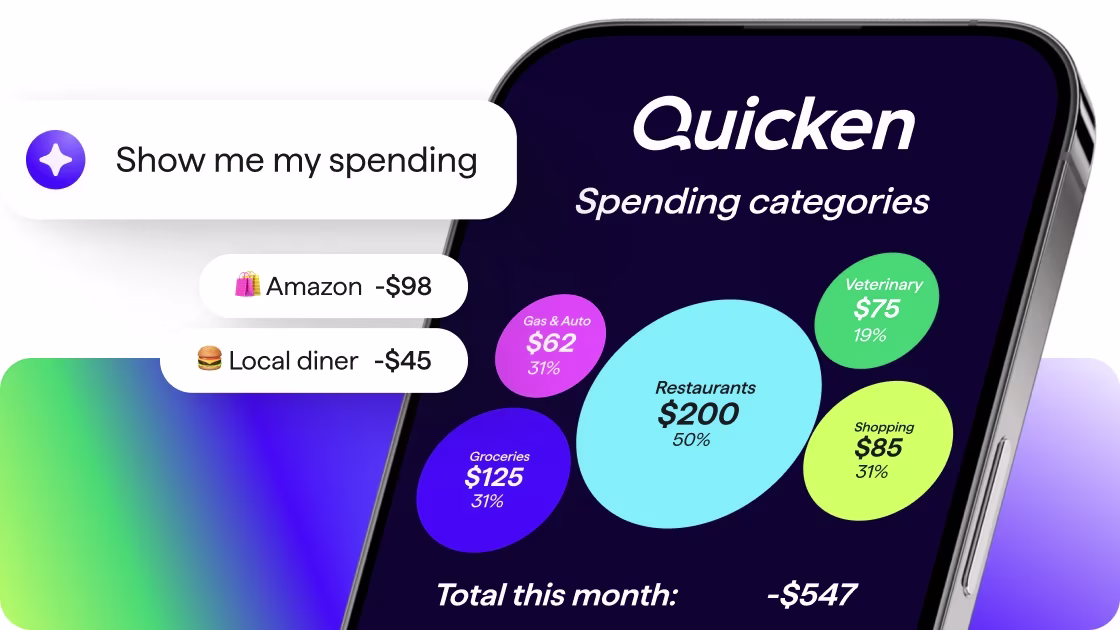 Screenshot of Quicken spending categories totaling $547 this month, broken down by Restaurants, Groceries, Shopping, Gas and Auto, and Veterinary, with recent Amazon and Local diner transactions.