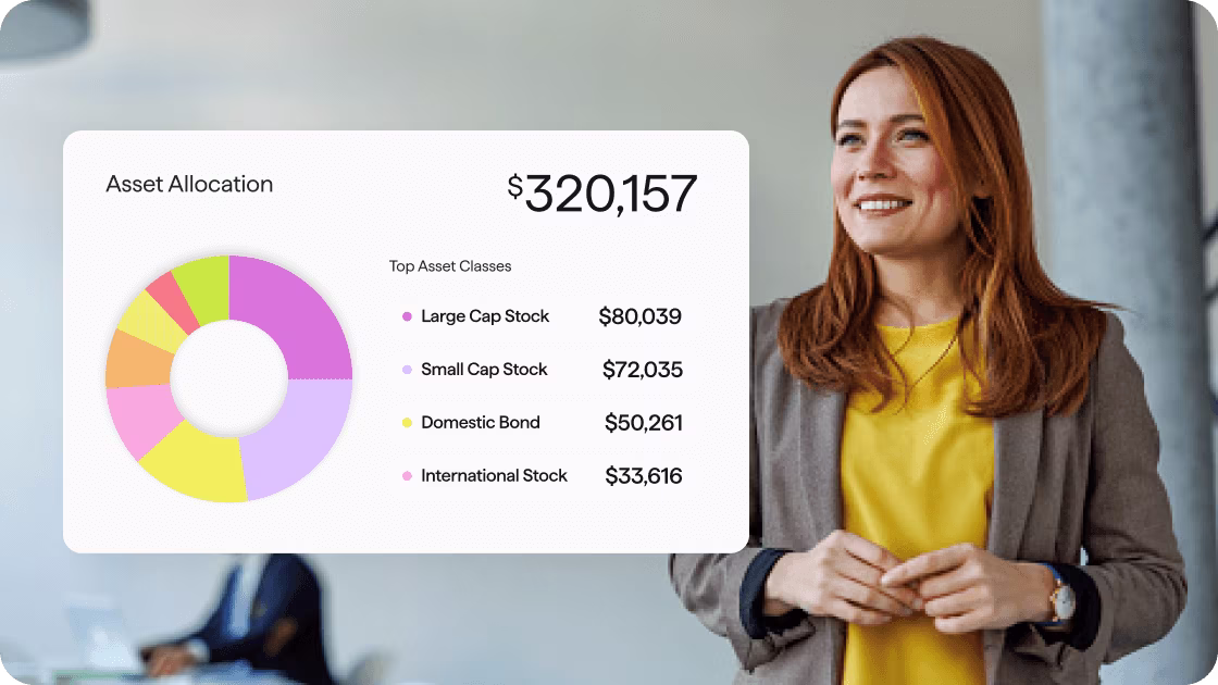 A woman smiling in a professional setting beside an investment summary card showing total assets of $320,157, a colorful asset-allocation donut chart, and a list of top asset classes including Large Cap Stock, Small Cap Stock, Domestic Bond, and International Stock.