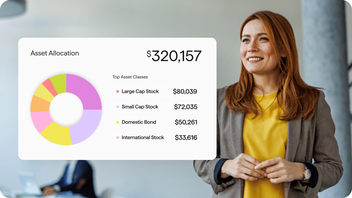 A woman smiling in a professional setting beside an investment summary card showing total assets of $320,157, a colorful asset-allocation donut chart, and a list of top asset classes including Large Cap Stock, Small Cap Stock, Domestic Bond, and International Stock.