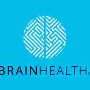 A simplistic, white graphic of a brain against a blue background, the trademark "BrainHealth" beneath it in black text.