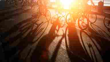 Cyclists ride in critical mass across a sunlit bridge at dawn.