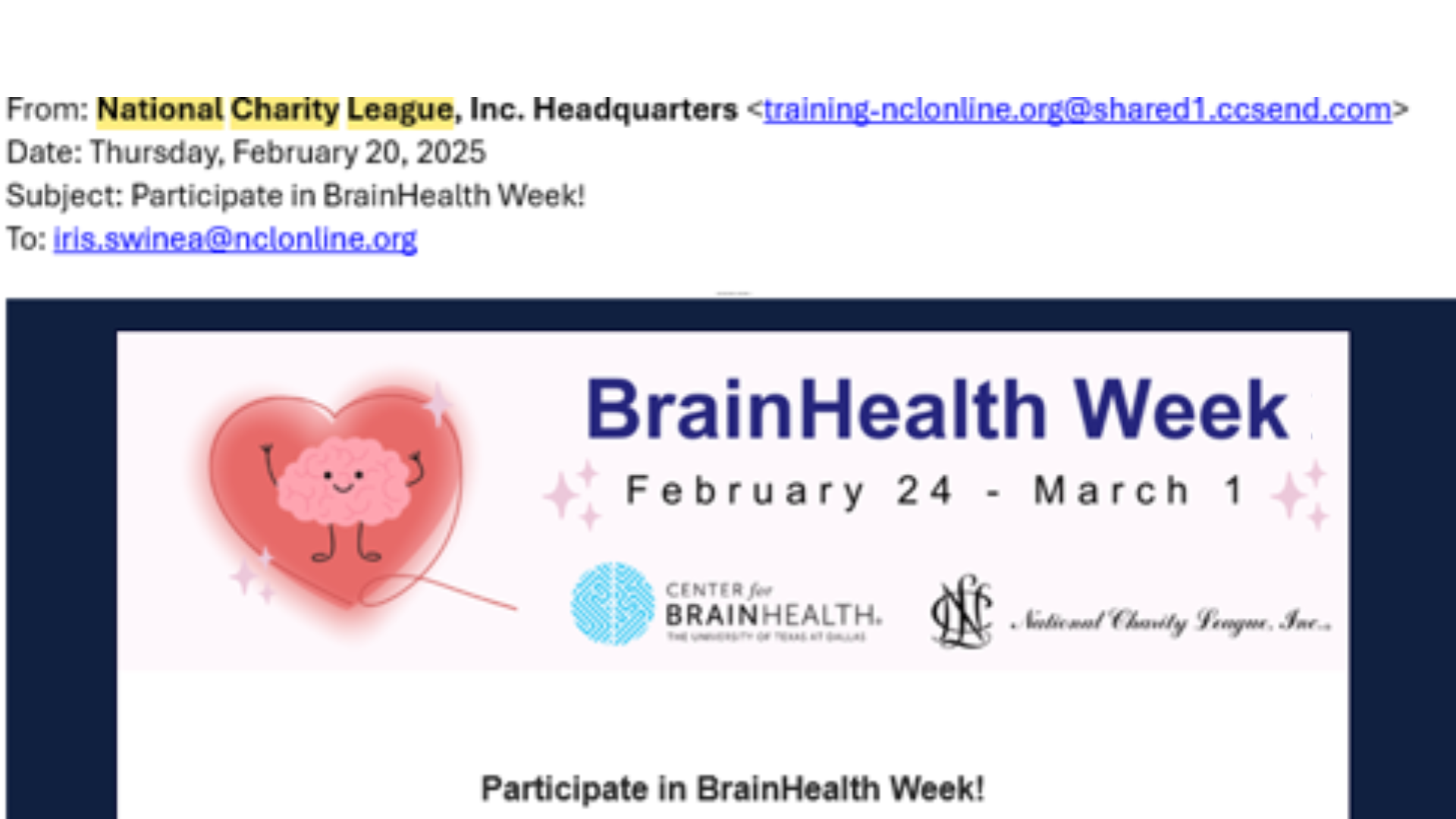 Example of BrainHealth Week partner email sent by National Charity League. 