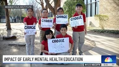 Children in red shirts holding signs with positive messages like "Choose Hope" and "Choose Kindness" at Momentous Institute, a Dallas-area nonprofit that has partnered with Center for BrainHealth to research and grow the impact of mental and brain health awareness in early education.