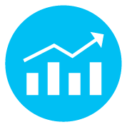 A cyan circle icon featuring a white bar chart with an upward trending arrow, symbolizing growth or progress.