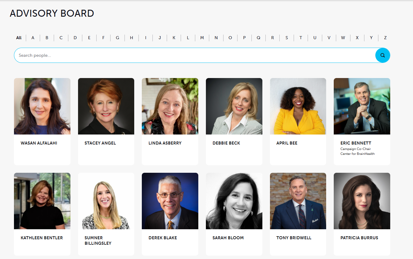 Advisory Board webpage showing profile photos of members arranged in a grid with alphabetical navigation and search bar at top.