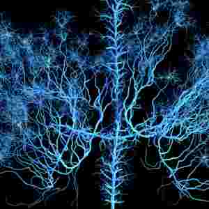 Blue abstract neural network with a black background.