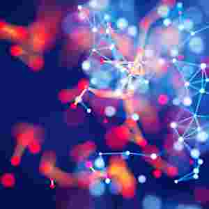 Abstract, multicolored lines and dots in a blue background.