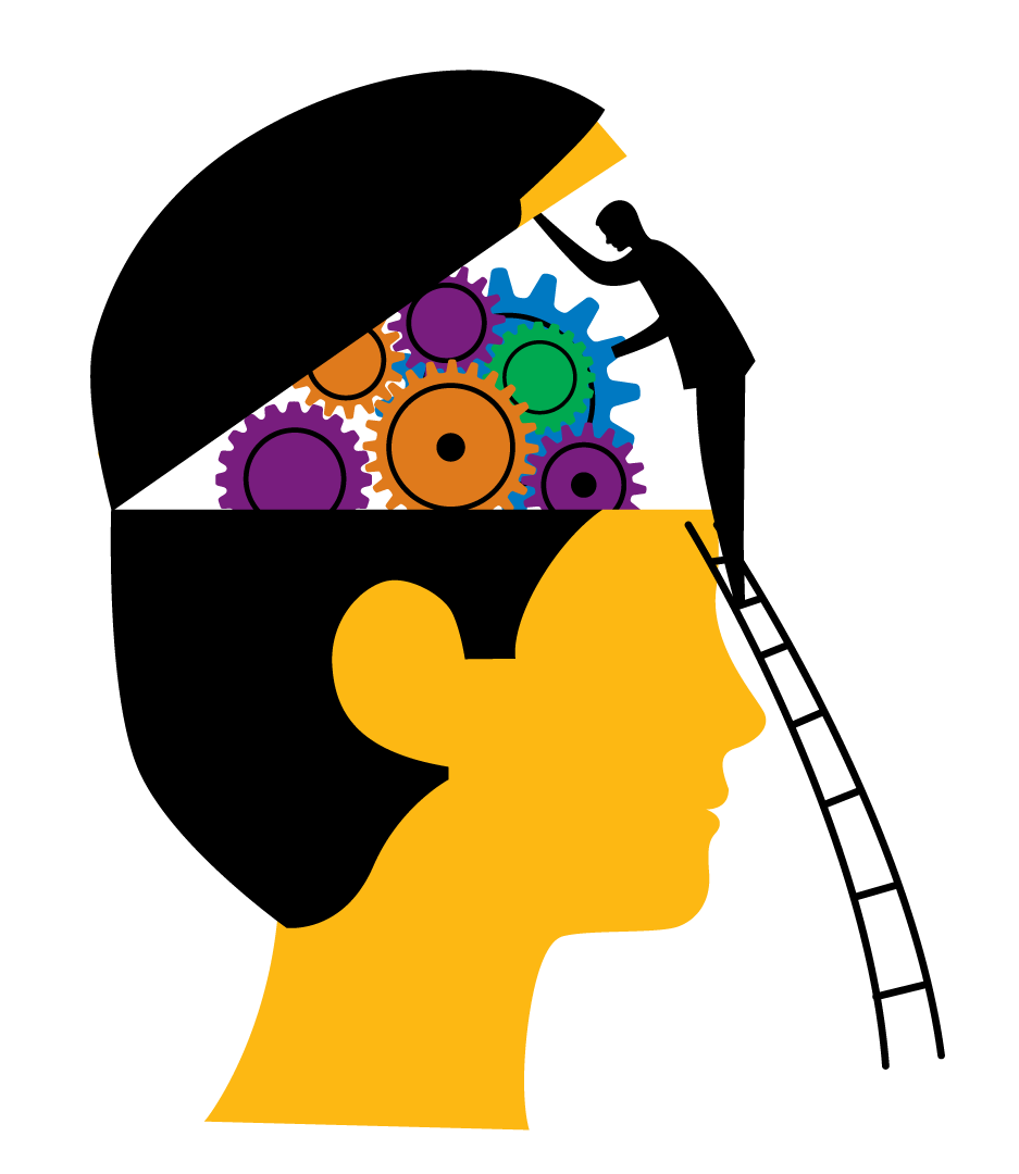 A colorful graphic of a human head; the top half is propped open by the silhouette of another person standing on a ladder to reach it. Inside of the head there are multicolored gears.
