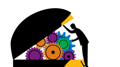 A colorful graphic of a human head; the top half is propped open by the silhouette of another person standing on a ladder to reach it. Inside of the head there are multicolored gears.