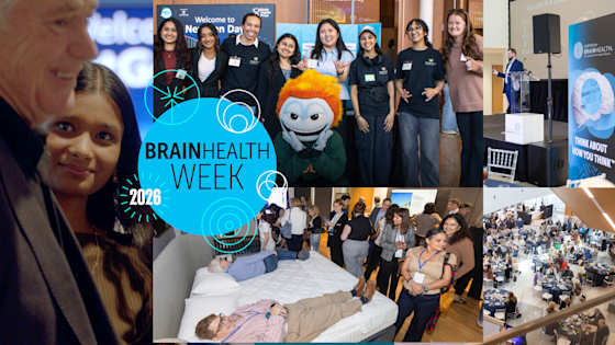 Collage of images from BrainHealth Week 2026 in Dallas, Texas, showing students with UT Dallas mascot Temoc the comet, speaking engagements, a brain health tech expo and networking opportunities.