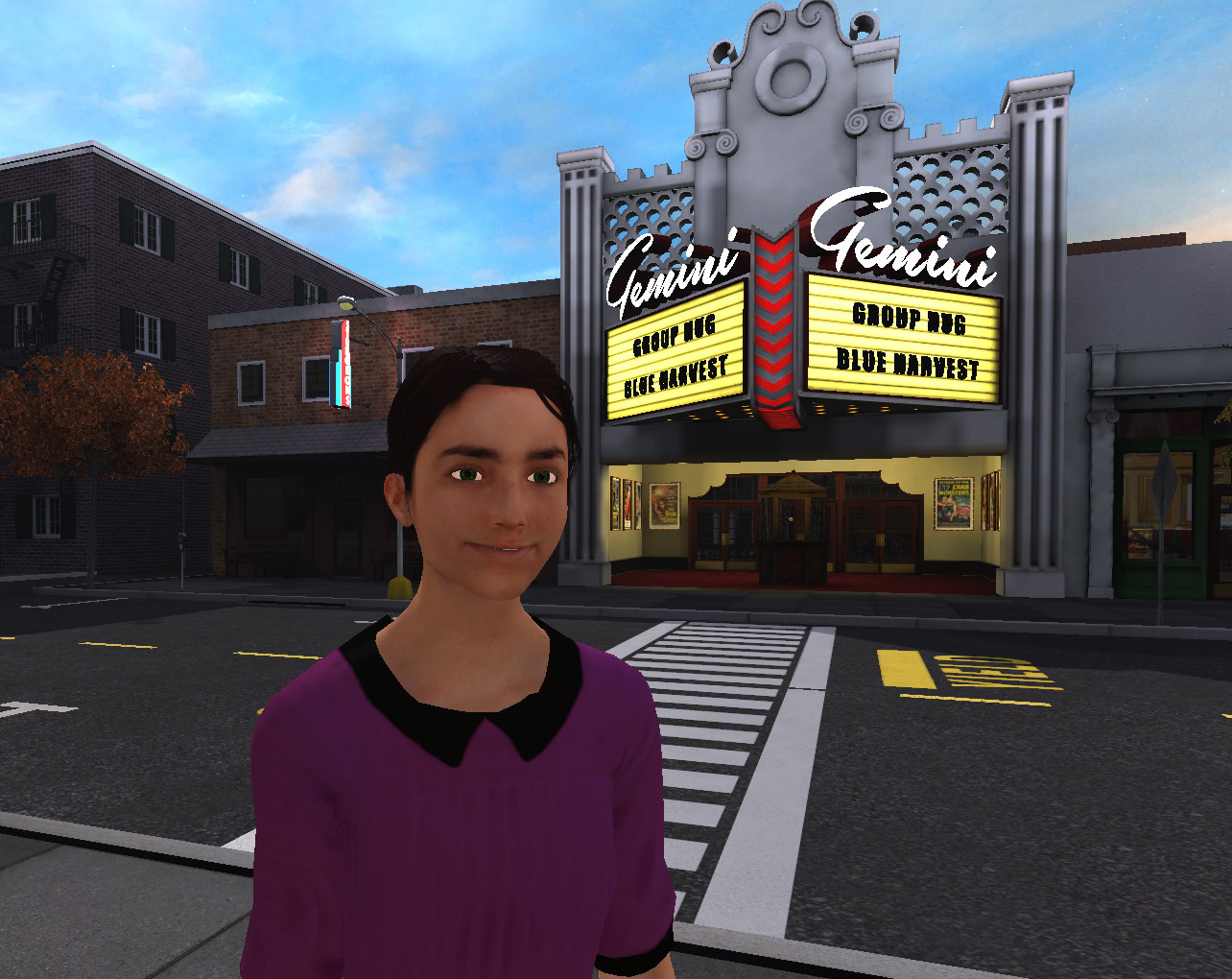 An avatar shown in a virtual environment; they are standing on a sidewalk in front of a theater called "Gemini." Listed showings at the theater include "Group Hug" and "Blue Harvest".