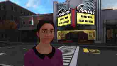 An avatar shown in a virtual environment; they are standing on a sidewalk in front of a theater called "Gemini." Listed showings at the theater include "Group Hug" and "Blue Harvest".