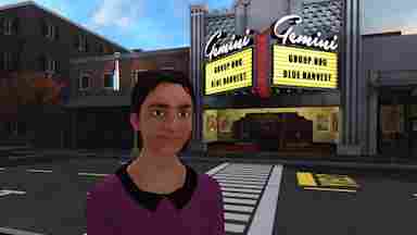 An avatar shown in a virtual environment; they are standing on a sidewalk in front of a theater called "Gemini." Listed showings at the theater include "Group Hug" and "Blue Harvest".